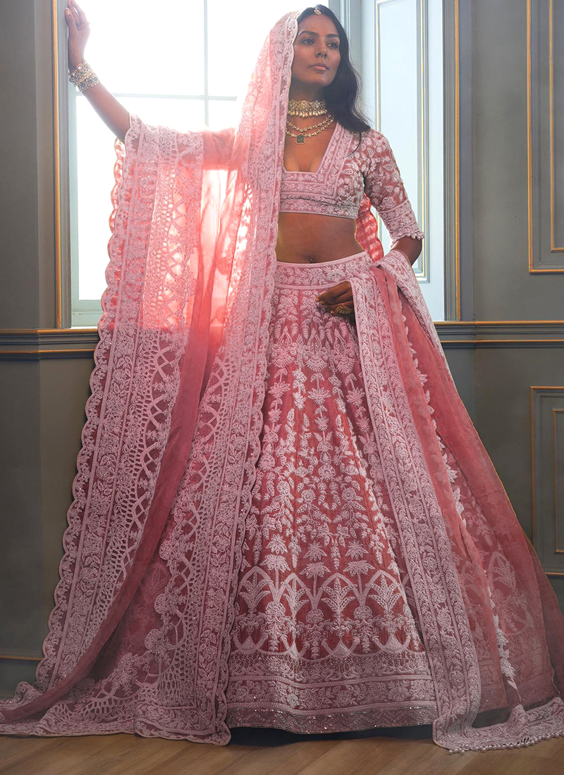 Buy Pink Butterfly Net Embroidery Work Bridal Wear Lehenga Choli Online From Surat Wholesale Shop